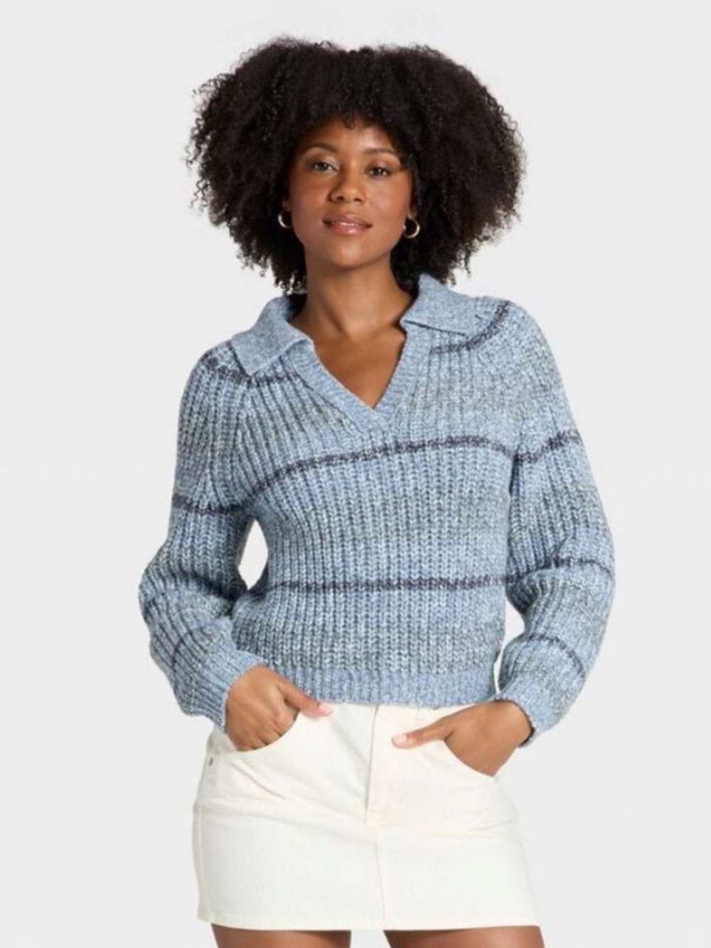 Universal Thread Blue Ribbed V-Neck Collared Sweater